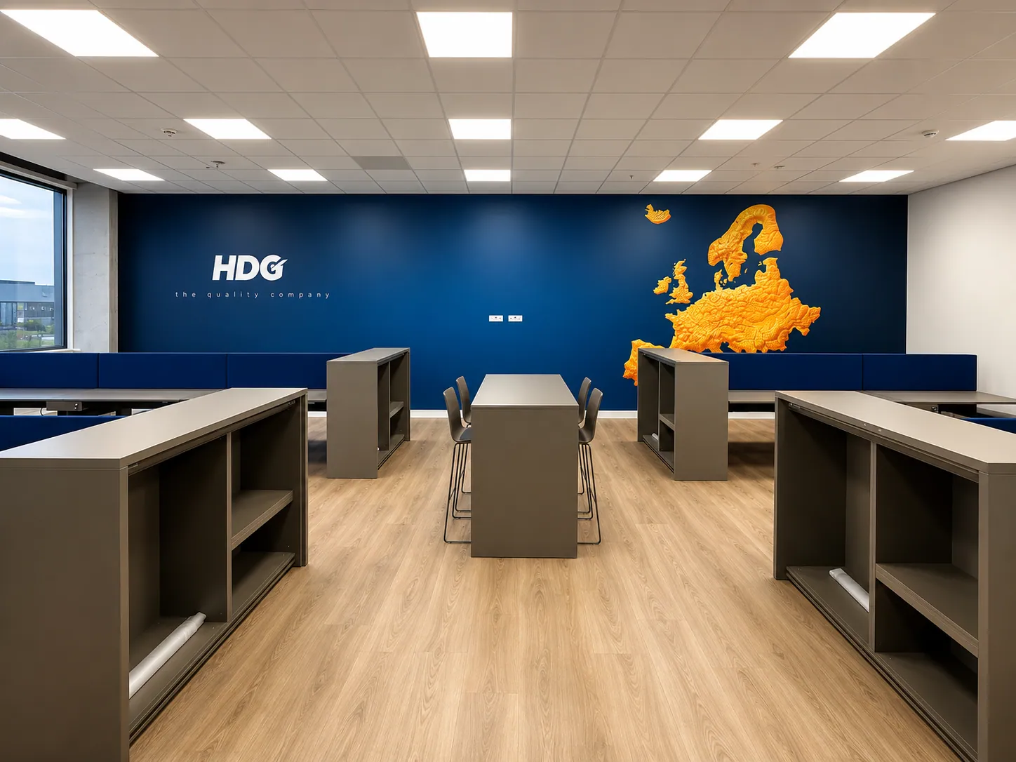 Spatial branding wandvisual in een hoofdkantoor, naadloze airtex muurprint
